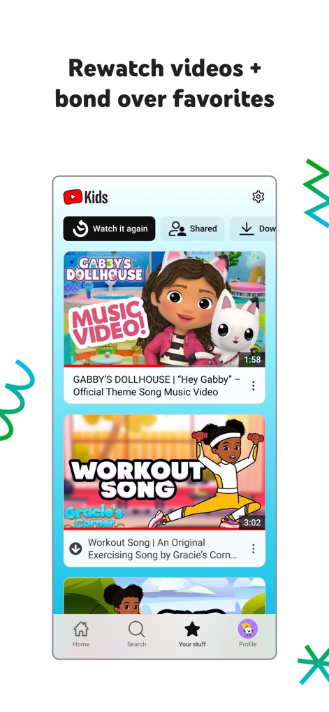 YouTube Kids - La sección "Watch it again" permite a los usuarios revivir fácilmente sus videos preferidos, mostrando una lista de reproducciones recientes como "Gabby's Dollhouse", complementada con opciones para ver contenido compartido o descargado a través de las pestañas adyacentes.