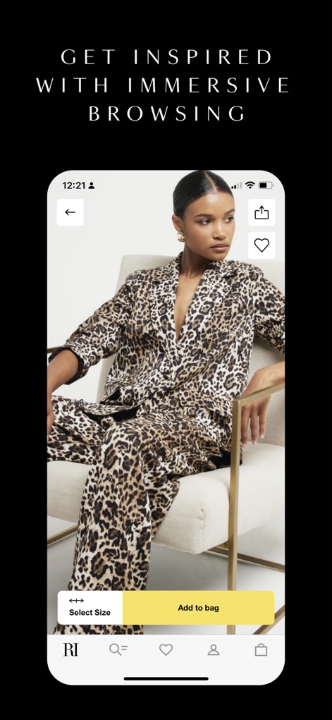 River Island - An immersive full-screen image provides a detailed product view, accompanied by clear "Select Size" and "Add to bag" buttons for purchase.