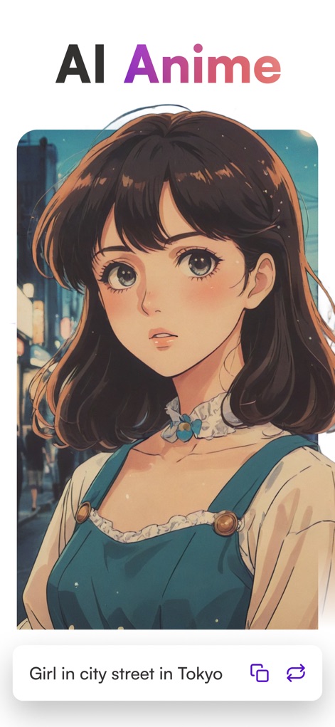 starryai - AI Photo Generator - Witness the app's specialized AI anime generation, allowing users to craft detailed scenes like the 'Girl in city street in Tokyo' and easily remix existing designs.