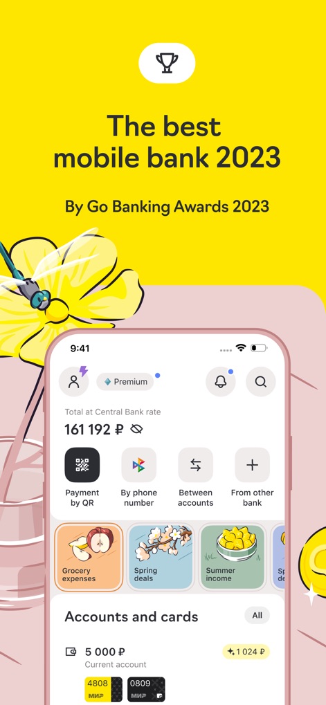 Райффайзен Онлайн Банк Россия - Dieser Screenshot präsentiert das intuitive Hauptmenü der App mit schnellen Zugriffsoptionen für Zahlungen und Überweisungen sowie nützlichen Kategorien für Ausgaben wie 'Grocery expenses'.