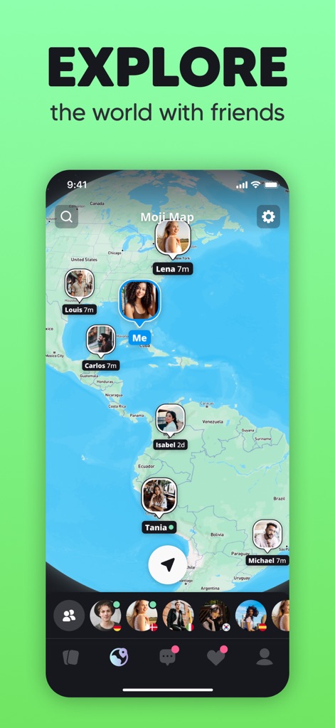 Moji – Korea & Japan Friends - Users can visualize connections geographically on an interactive world map and view nearby friend avatars for local discovery.