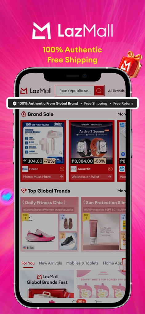 Lazada 4.4 Sale - The app highlights premium shopping with its 'LazMall' section, affirming product integrity through a '100% Authentic From Global Brand' badge and displaying various renowned brand sales.