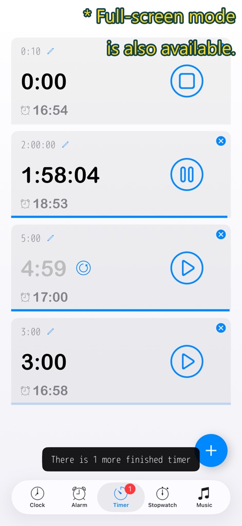 Alarm & Timer - La aplicación permite ejecutar varios temporizadores simultáneamente, con controles individuales de pausa/reproducción y una clara visualización del tiempo restante.