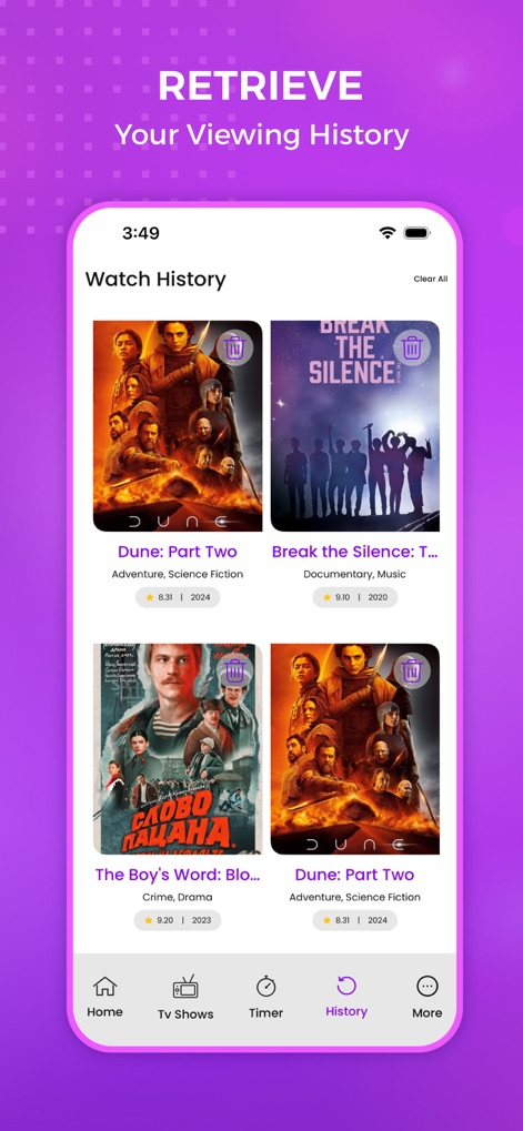 The tv app : Movie And Tv Show - Los usuarios acceden a su 'Watch History', donde se muestran películas como 'Dune: Part Two' y se puede 'Clear All' o eliminar entradas individualmente.