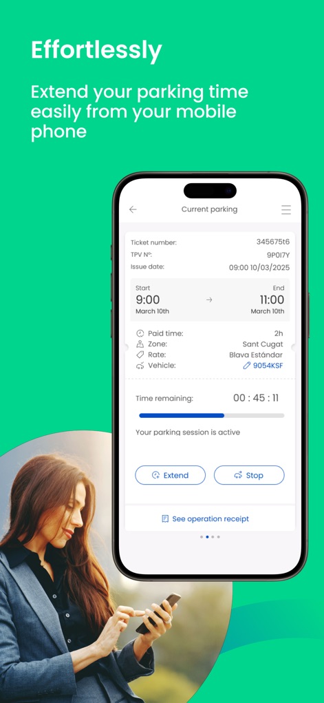 Blinkay: smart parking app - Discover the app's dynamic controls, enabling users to effortlessly 'Extend' or 'Stop' active parking sessions, alongside direct access to their 'operation receipt'.