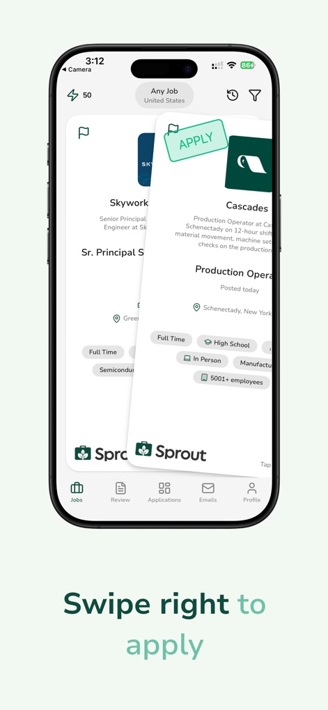 Sprout - AI Job Search - This tool simplifies job applications through a 'swipe right to apply' gesture and a clear application confirmation overlay.