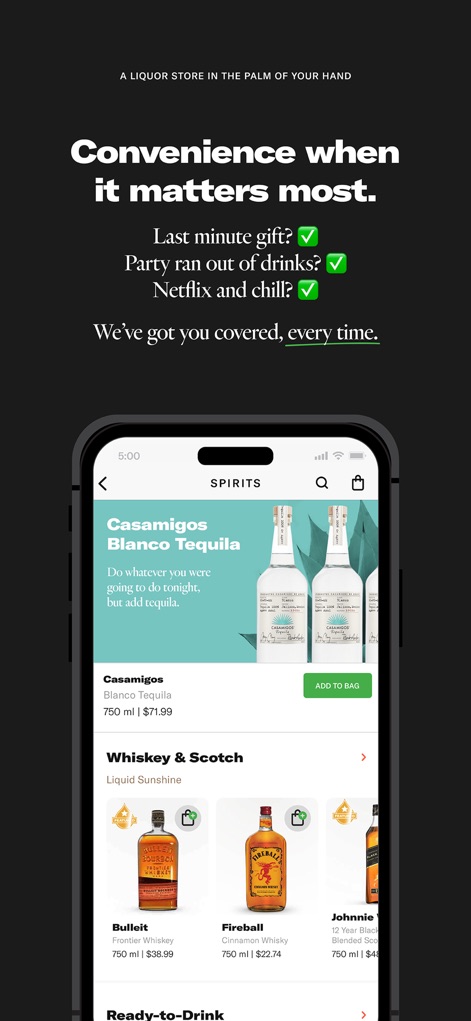 Saucey: Alcohol Delivery - Users can explore comprehensive product pages for specific spirits and browse curated sections like "Whiskey & Scotch," enhancing their discovery.
