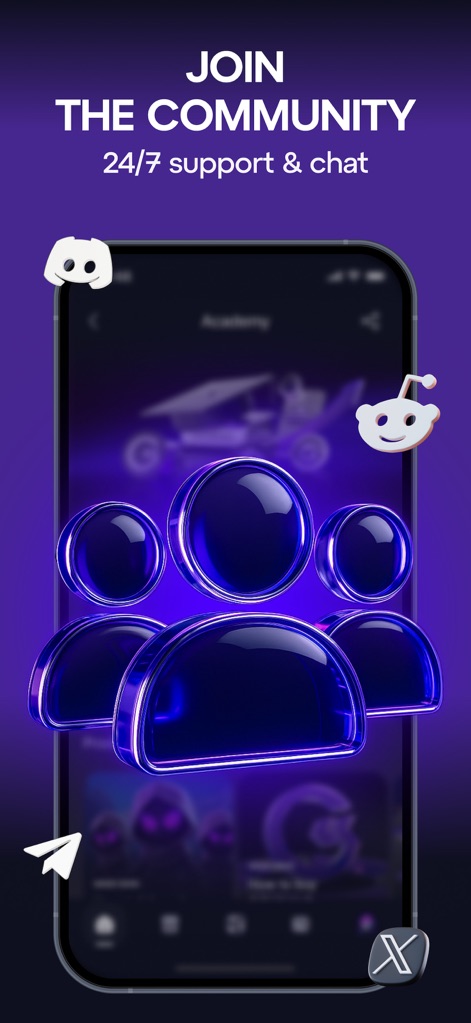 GoMining: BTC Mining & Finance - The app encourages user engagement by prominently displaying icons for popular platforms like Discord and Reddit, ensuring accessible 24/7 support and chat options.