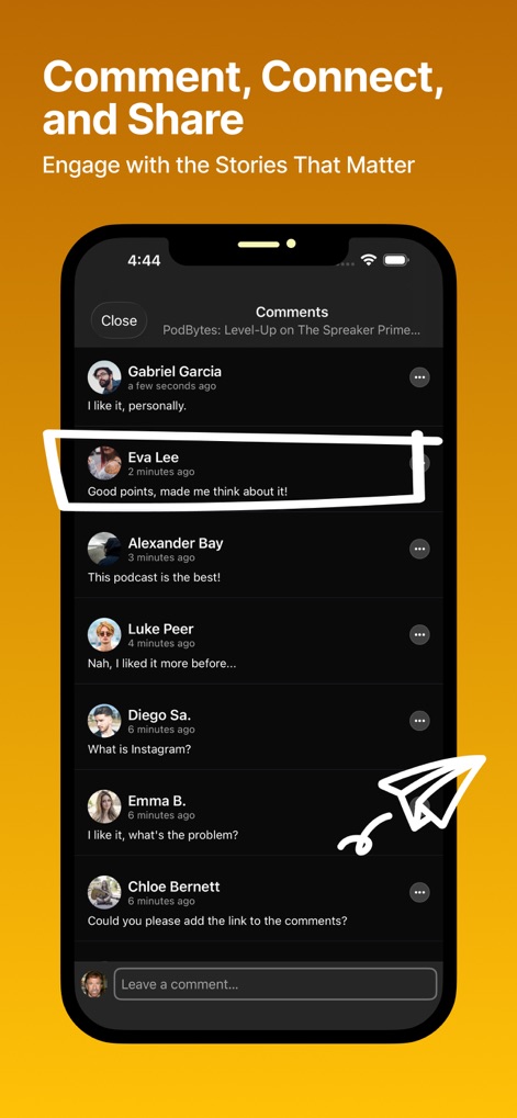 Spreaker Podcasts - Os usuários podem interagir com a comunidade, visualizando e postando comentários nos episódios e utilizando o ícone de avião de papel para compartilhar facilmente com amigos.