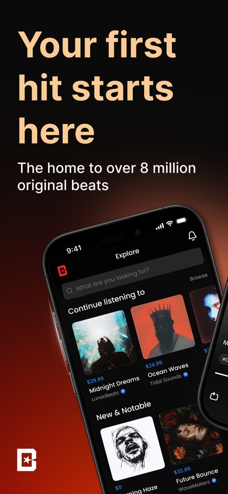 BeatStars - Instrumental Beats - L'app offre un'interfaccia intuitiva per la ricerca di beat, con una chiara barra di ricerca per esplorare la vasta libreria e carte prodotto che mostrano prezzi e nomi degli artisti.