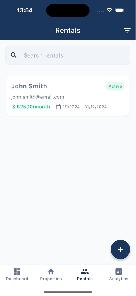 Neat Bill: Room Resources - Users can efficiently manage lease agreements, with a dedicated search bar for quick access and detailed tenant listings showing rent and lease period.