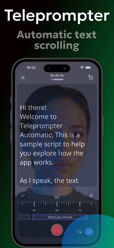 Teleprompter Automatic - L'app presenta il suo teleprompter automatico con il testo "Hi there! Welcome to Teleprompter Automatic." visibile sullo schermo e l'indicatore della velocità di scorrimento "Word per minute" in basso.