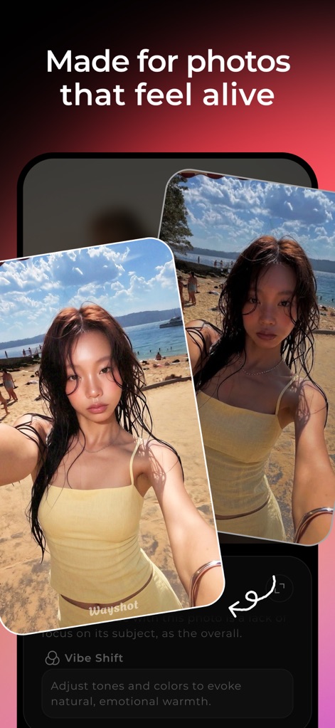 WayShot: AI Cam & Photo Editor - This tool allows users to fine-tune photo aesthetics using the 'Vibe Shift' control, creating dynamic and lifelike images through nuanced tone and color adjustments.