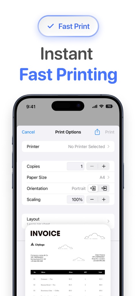 Smart Printer App for HP · - This screen illustrates the granular control users have over their print jobs, from selecting paper size and orientation to adjusting scaling for an invoice preview.