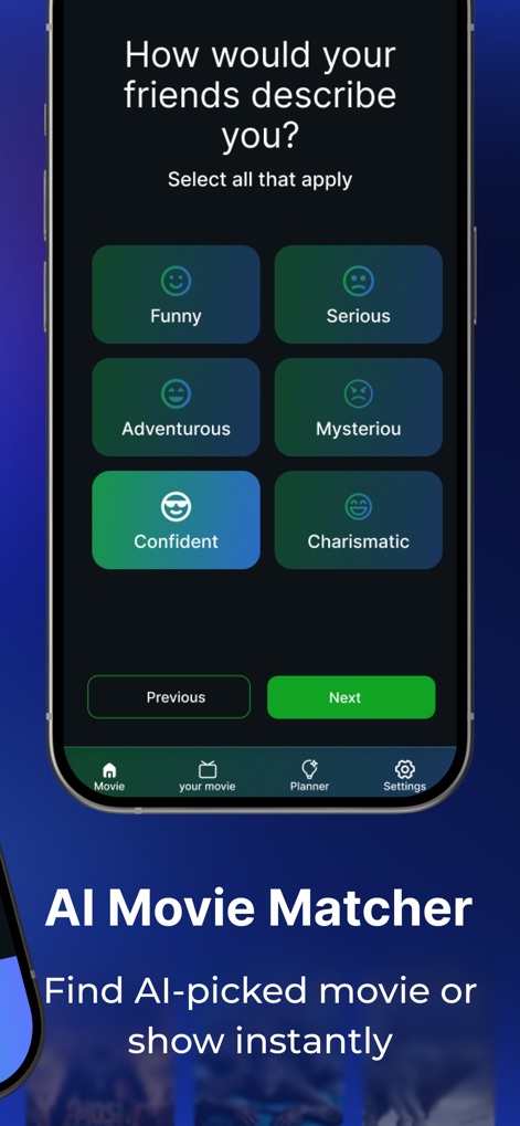 Onstream : Movies & TV Shows - Engage with the app's AI Movie Matcher, utilizing a personality quiz with descriptive choice buttons to refine recommendations.