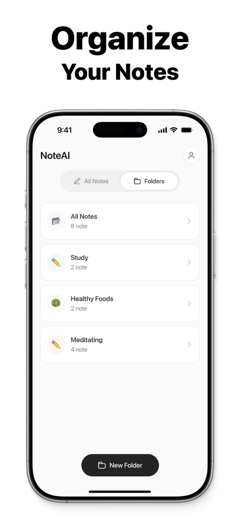 Note AI: Smart Note Taker - La aplicación permite una organización eficiente de las notas mediante un sistema de carpetas personalizables, facilitando la gestión y el acceso rápido a la información clasificada.