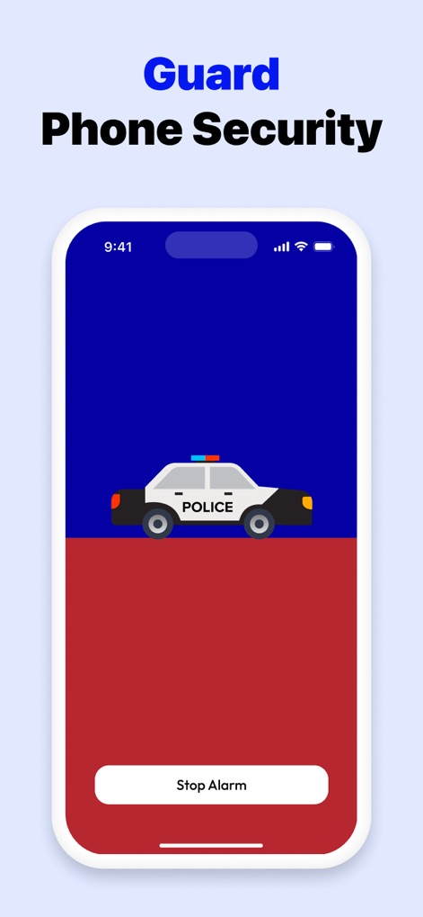 Clean Master: AI Clean Storage - Observe the app's Anti-Theft Alarm in action, indicated by the police car graphic and a prominent 'Stop Alarm' button for quick deactivation.