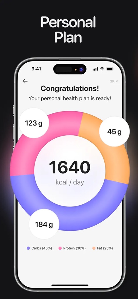 Calorie AI - Food Scan - Los usuarios pueden visualizar un plan de salud personalizado que incluye un objetivo de 1640 kcal/día y un desglose de macronutrientes en un gráfico de pastel.