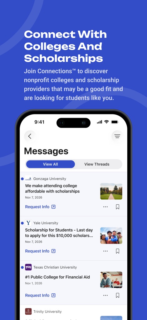 BigFuture School - The app facilitates direct communication with institutions through the 'Messages' inbox, featuring scholarship opportunities and 'Request Info' buttons.