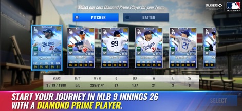 MLB 9 Innings 26 - La aplicación permite a los usuarios seleccionar un jugador 'Diamond Prime' para iniciar su equipo, mostrando las cartas de diferentes lanzadores como C. Kershaw y H. Ryu con sus estadísticas detalladas.
