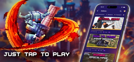 Mods, Skins for Minecraft PE - Examine the app's direct Addons interface, highlighting specific mod previews like 'Actual Guns Karambit' and 'How To Train Your Dragon', alongside a dynamic character with a striking fiery sword trail.