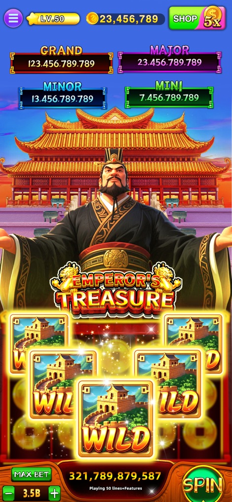 Lucky Jackpot Slots Casino - The app reveals the "Emperor's Treasure" theme, characterized by an imposing emperor figure and unique Great Wall of China "WILD" symbols on the slot reels.