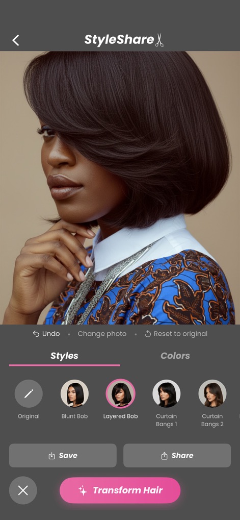 StyleShare: Hair Color Changer - L'app presenta un elegante "bob a strati con frangia" e offre comode funzioni per "salvare l'immagine o condividerla" con altri, come amici o stilisti, una volta trovato il look ideale.