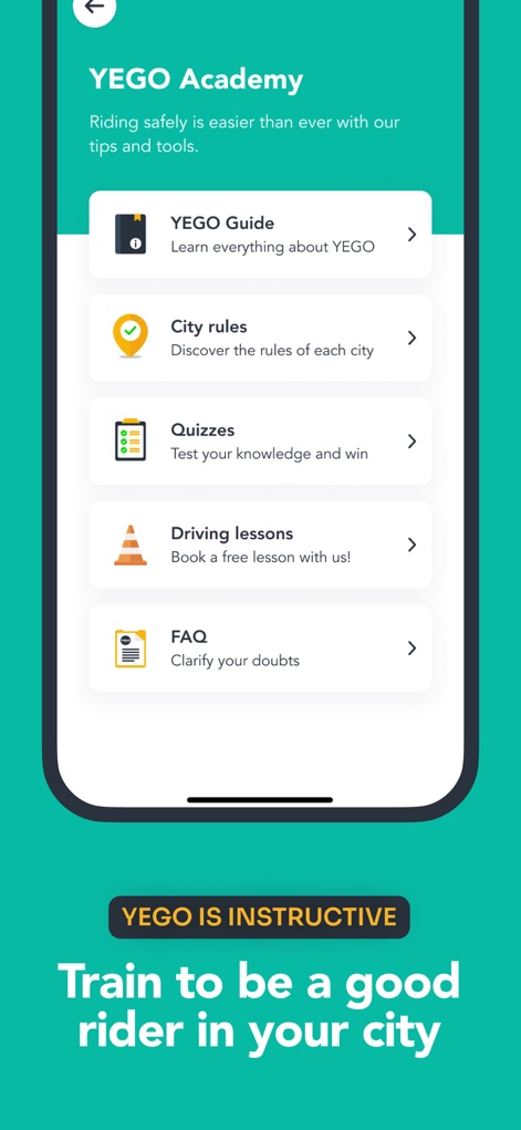 YEGO Mobility - The app provides robust learning resources through its "YEGO Academy", including practical "Driving lessons" to enhance rider safety and knowledge.