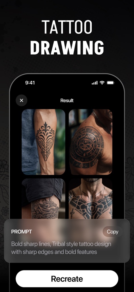 Tattoo AI - Tattoo Design - Witness the app's capability to generate multiple tattoo concepts from a single textual prompt, focusing on elements like 'bold sharp lines' and 'Tribal style'.
