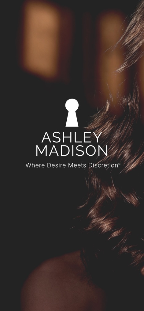 Ashley Madison Discreet Dating - Discover how the app immediately communicates its core values of 'Desire' and 'Discretion' through its prominent branding and keyhole logo.
