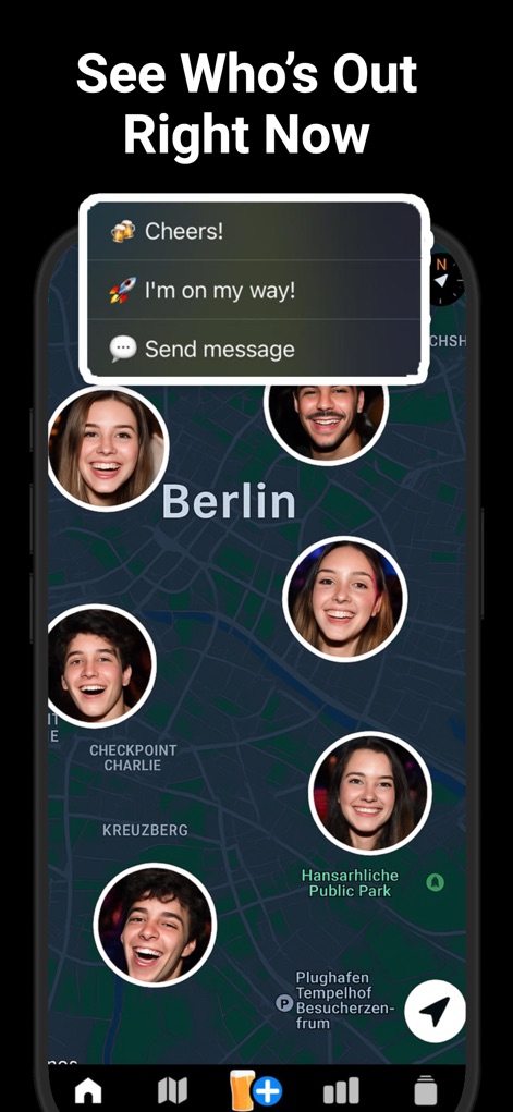 Beer Buddy - Friends Alerts - L'application révèle instantanément qui est disponible pour sortir, avec la carte en direct des amis disponibles et les options d'interaction rapide comme l'envoi de messages ou de réactions contextuelles.