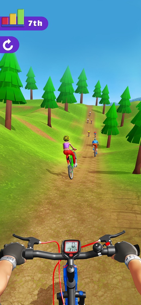 BMX Bike Rider - Bicycle Games - Los ciclistas navegan por una exuberante colina verde, mostrando la escala multijugador de la carrera y el detallado follaje del entorno.