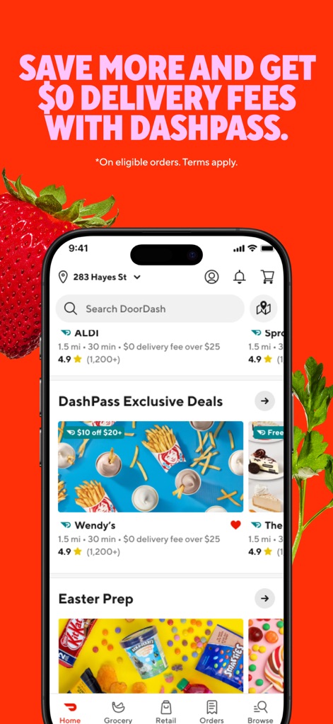 DoorDash: Food, Grocery, More - Users can explore the DashPass Exclusive Deals section for significant savings, including "$10 off $20+" offers, and benefit from member perks like $0 delivery fees.