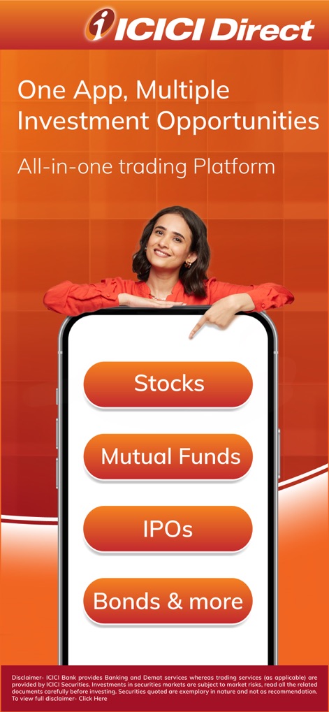 ICICI Direct-Stocks F&O MF IPO - This tool presents a comprehensive range of investment options, prominently featuring 'Stocks' and 'Mutual Funds' for easy selection.