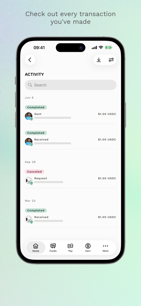 Airtm - Die App stellt eine chronologische Auflistung aller Transaktionen bereit und bietet Filter- sowie Download-Optionen zur detaillierten Analyse der finanziellen Aktivitäten.