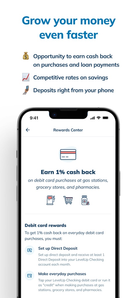 LendingClub: Banking and More - This app section clearly details how users can earn 1% cash back on debit card purchases and provides guidelines for setting up direct deposit to qualify for these benefits.