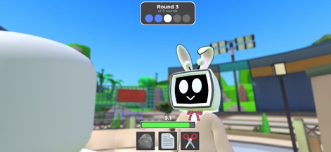 Blox World - 사용자는 다양한 미니게임에 참여하여 즐거움을 느낄 수 있으며, 독특한 TV 헤드와 토끼 귀를 포함한 아바타의 개성 있는 액세서리도 돋보입니다.