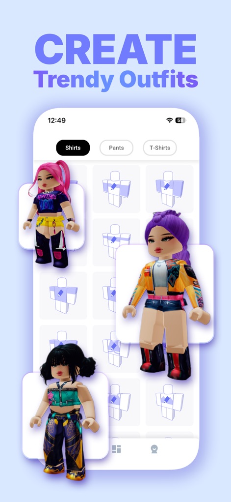 Makerblox - skin creator - 사용자는 셔츠, 바지, 티셔츠 등 다양한 의상 유형을 선택하고, 미리 보기로 제공되는 여러 트렌디한 아바타 스타일을 참고하여 자신만의 디자인을 만들 수 있습니다.