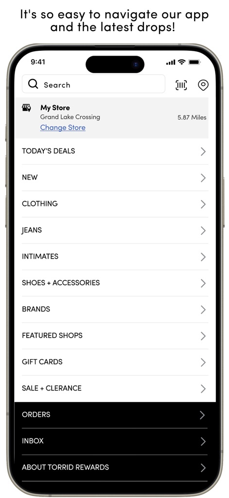 Torrid - The app's intuitive navigation is showcased, featuring a prominent "Search bar" and a comprehensive list of "product categories" for effortless shopping.