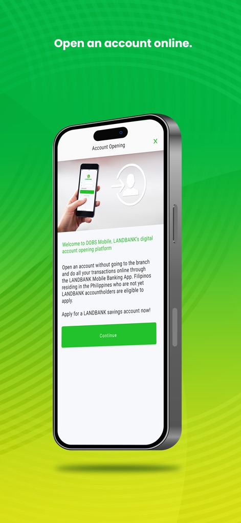 LANDBANK Mobile Banking - This screenshot showcases the straightforward "Account Opening" workflow, allowing users to apply for a "LANDBANK savings account now!" without a branch visit.