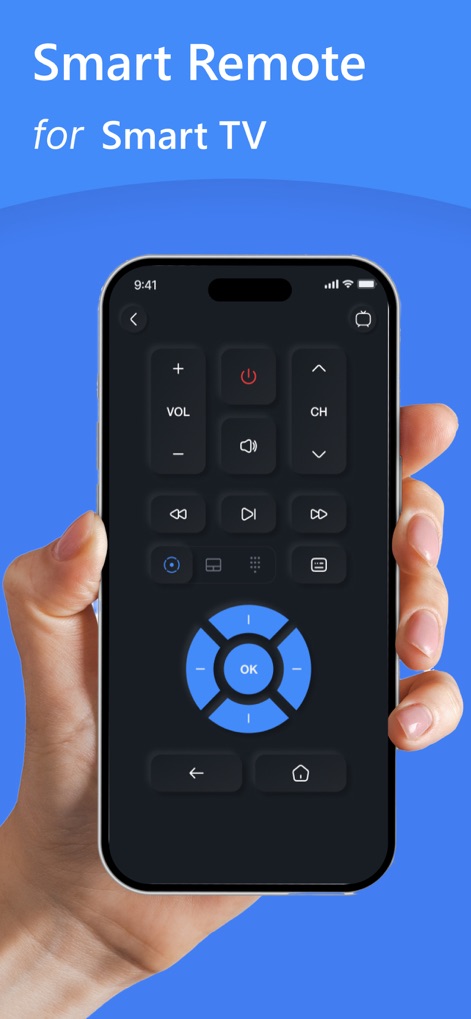 SmartRemote: TV Remote Control - Explore the app's comprehensive virtual remote, showcasing essential control buttons and a convenient navigation panel for complete TV management from a smartphone.