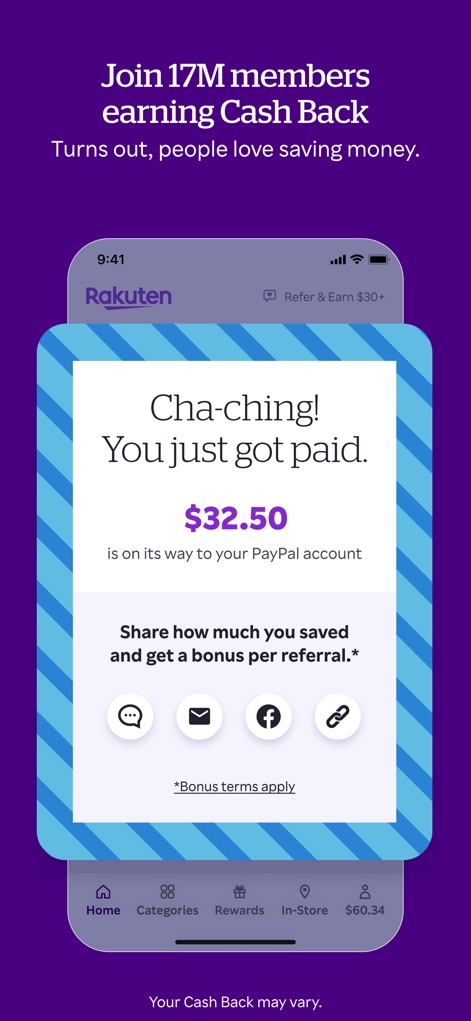 Rakuten: Cash Back & Deals - A interface mostra uma notificação de "Cha-ching! You just got paid" de $32.50, indicando um pagamento via PayPal e a opção de "Share how much you saved" para incentivar referências.