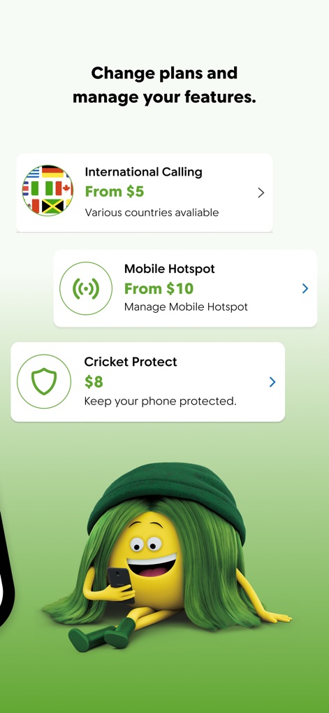 myCricket App - Die App ermöglicht Nutzern die Verwaltung ihrer "Internationalen Anrufe" und bietet die Kontrolle über den "Mobilen Hotspot", um den Tarif optimal anzupassen.