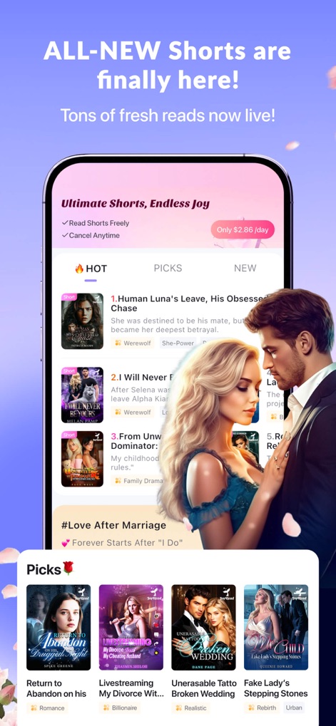 JoyRead-Enjoy Novels & Shorts - Dive into the 'ALL-NEW Shorts' section featuring categorized short stories and explore detailed descriptions with genre tags for quick, engaging reads.