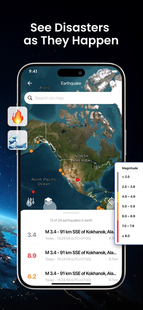 Mappa: GPS & Live Earth Camera - Esta herramienta informa sobre eventos sísmicos en un mapa con puntos codificados por colores y muestra magnitudes de terremotos en una lista detallada.