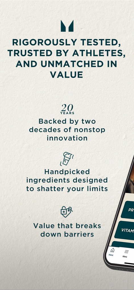 Myprotein: Fitness & Nutrition - The app showcases its commitment to quality and two decades of innovation, emphasizing rigorously tested ingredients and the value it provides to users.