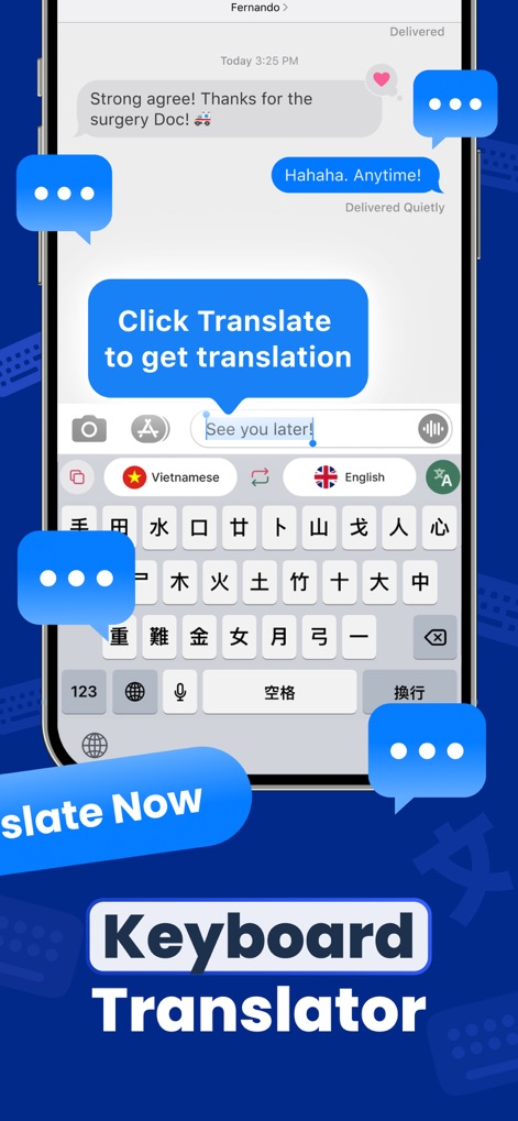 Voice Translator AI Translate - L'app integra un traduttore direttamente nella tastiera, come si vede nell'interfaccia personalizzata, e guida gli utenti con il messaggio "Click Translate" per facilitare le conversazioni multilingue.
