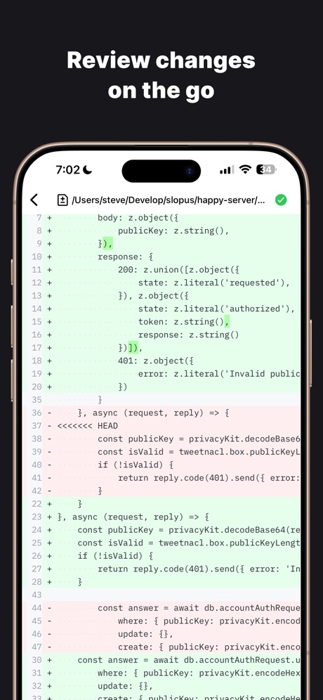 Happy: Codex & Claude Code App App Store screenshot 3, headline “Review changes on the go”. Green.