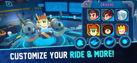 Jetpack Joyride Racing - Gli utenti possono personalizzare la propria esperienza, come illustrato dalla schermata di selezione dei piloti con varie icone e dalla visualizzazione dettagliata del veicolo selezionato nel garage.