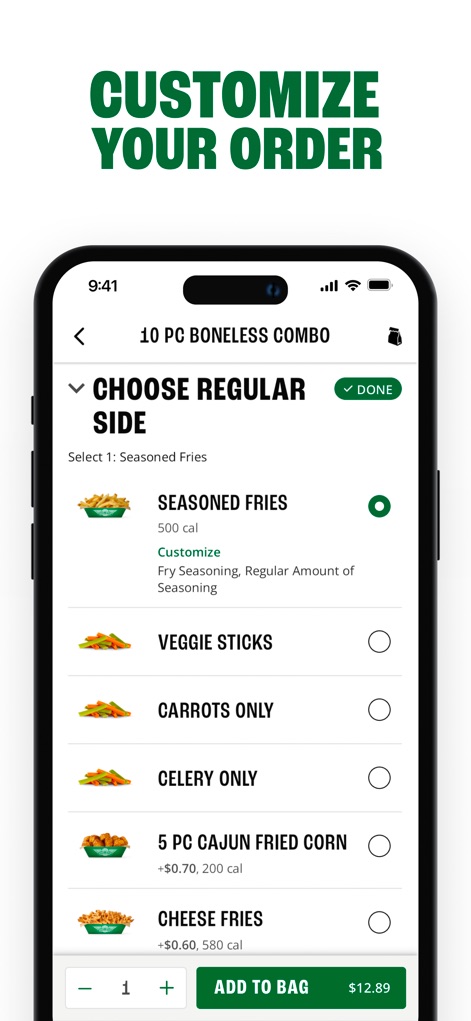 Wingstop - Der Screen ermöglicht eine umfassende Personalisierung der Bestellung, indem Nutzer aus einer breiten Palette von Beilagen wie "Seasoned Fries" oder "Veggie Sticks" wählen und die Gewürzmenge der Pommes direkt anpassen können.